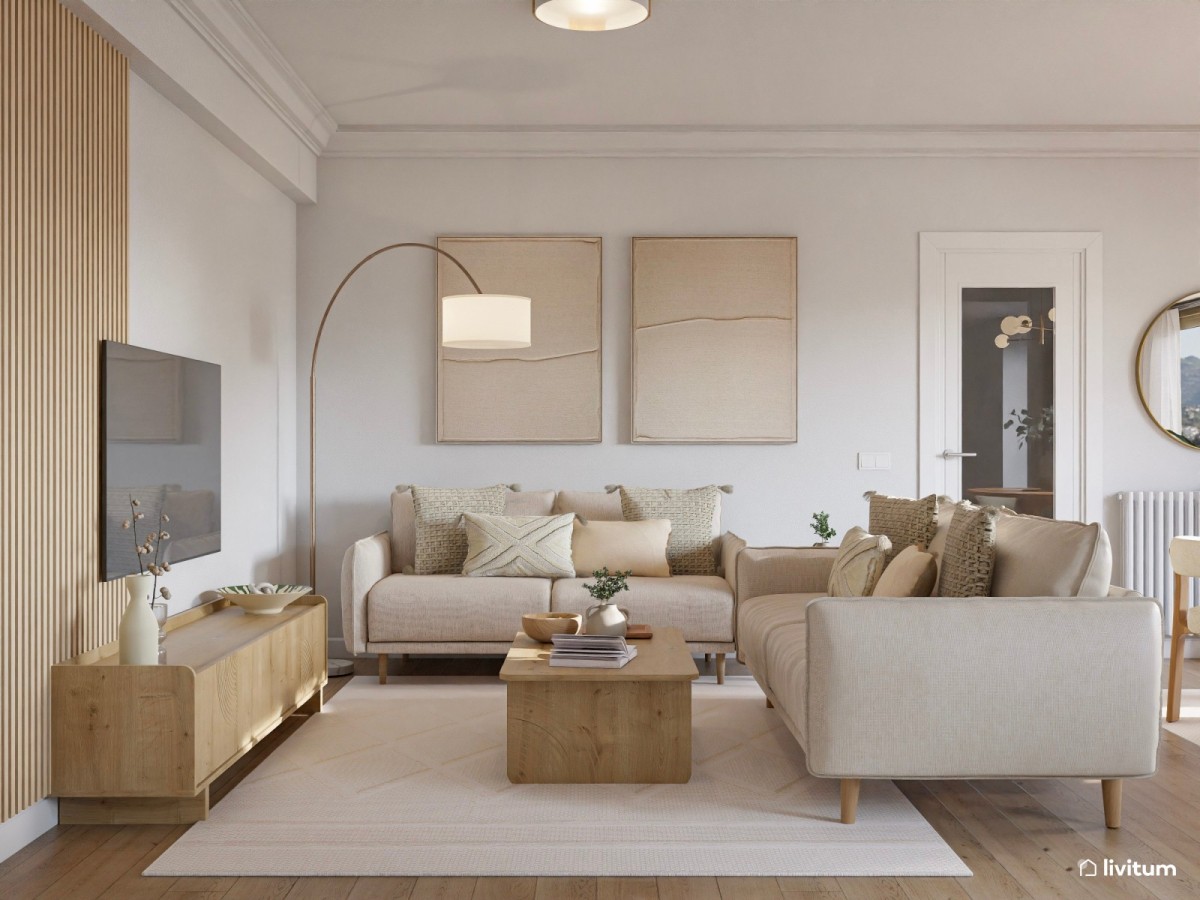 sal&oacute;n en tonos neutros, sof&aacute;s en forma de L y mesa de madera de centro 