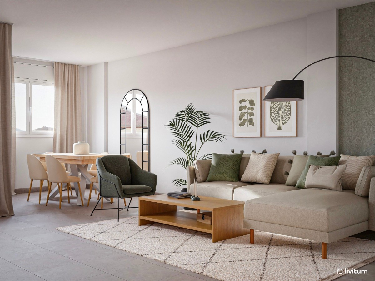 Sal&oacute;n comedor en tonos claros y detalles en verde