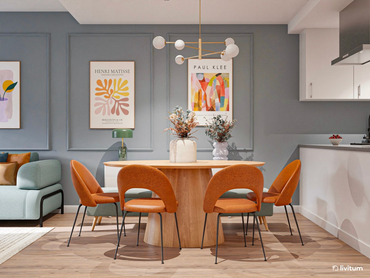 Comedor con colores complementarios en azul y naranja 