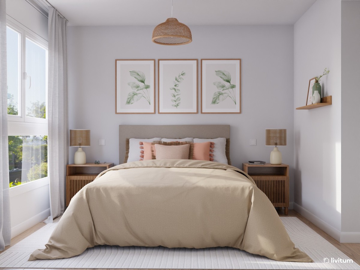 dormitorio en tonos neutros y detalles pastel, cama de matrimonio y mesas de noche de madera
