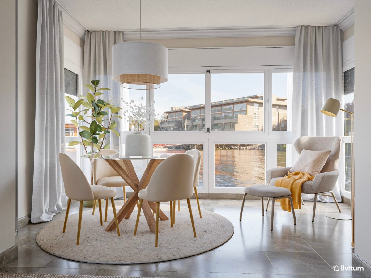 comedor con cristalera, mesa de comedor de cristal y sill&oacute;n de descanso