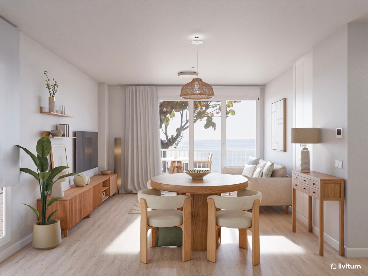 sal&oacute;n comedor en tonos madera, mesa de comedor circular y sof&aacute; peque&ntilde;o