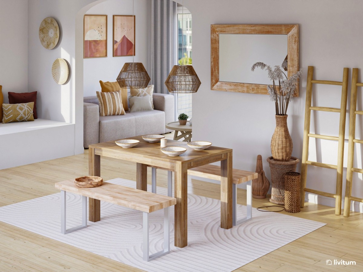 sal&oacute;n comedor en tonos madera, mesa rectangular y bancos de madera