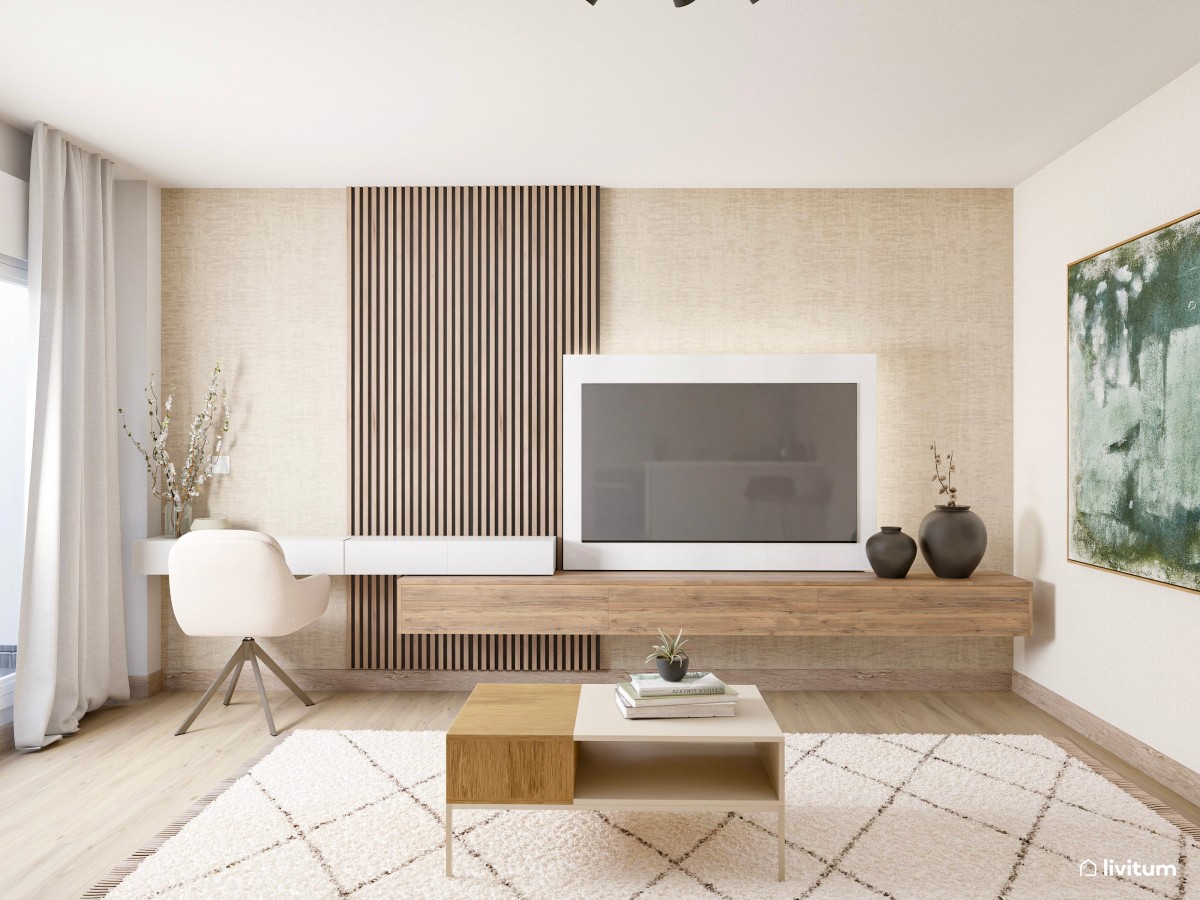 sal&oacute;n en tonos madera, TV y mesa de estudio