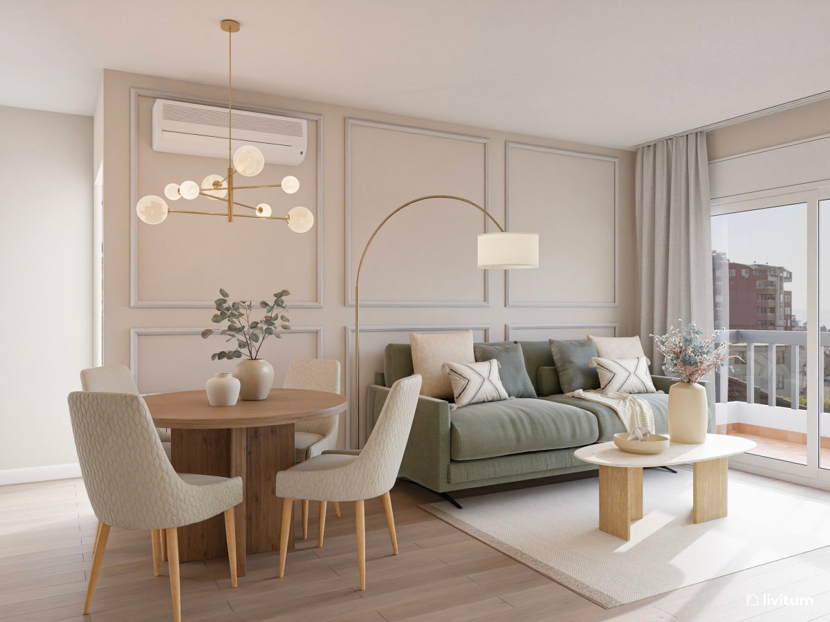 Salón comedor en tonos neutros, mesa de comedor circular, sofá verde y mesa de centro