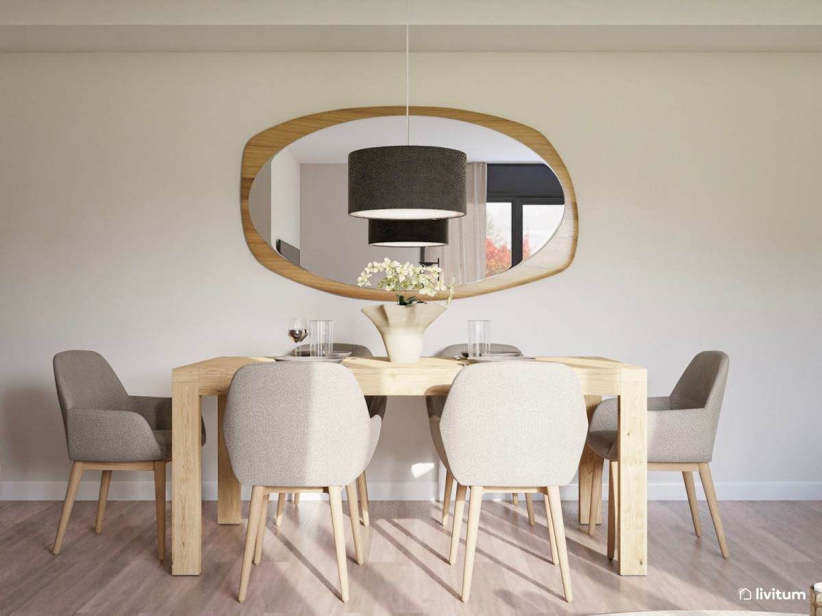 comedor con mesa de madera, sillas con reposabrazos y espejo decorativo
