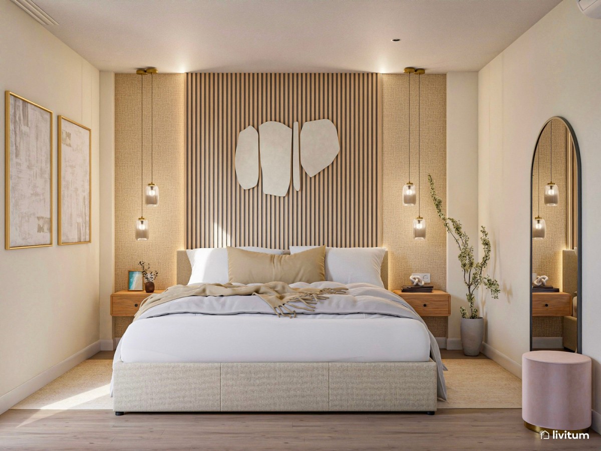 dormitorio con listones de madera, cama de matrimonio  y espejo vertical