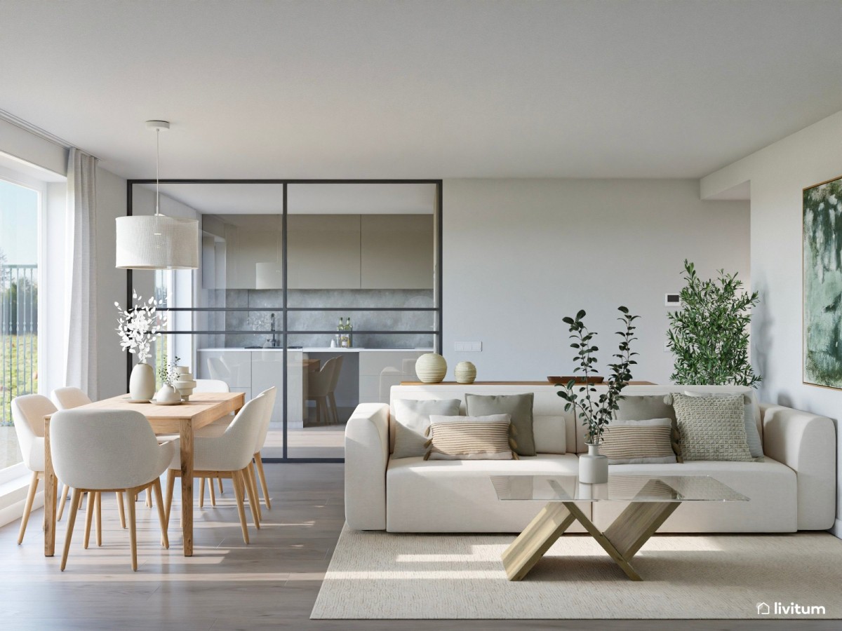 sal&oacute;n comedor con cocina semiabierta, cerrada con un cristal