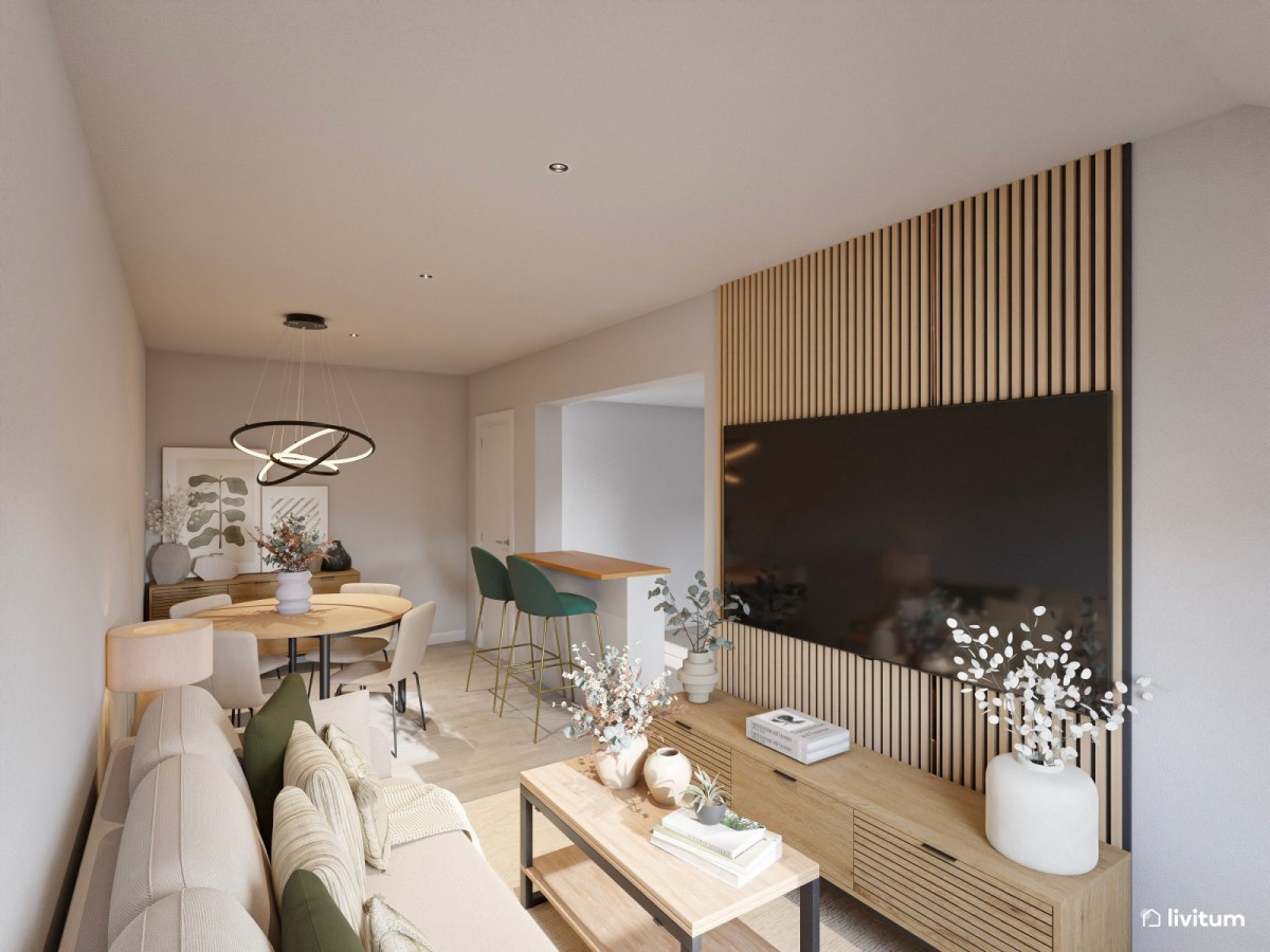 sal&oacute;n comedor con cocina integrada en tonos madera