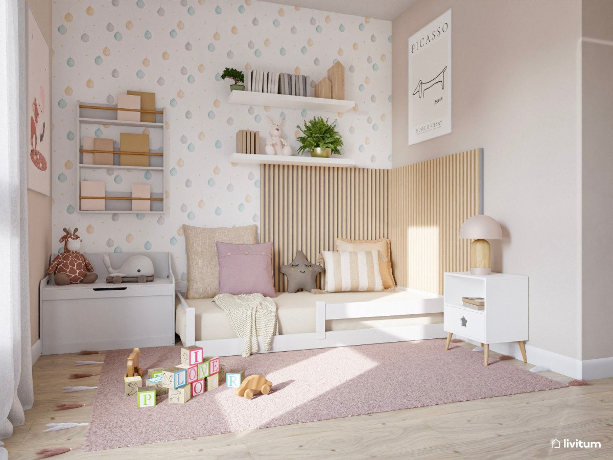 habitaci&oacute;n infantil, listones de madera y papel pintado y alfombra rosa