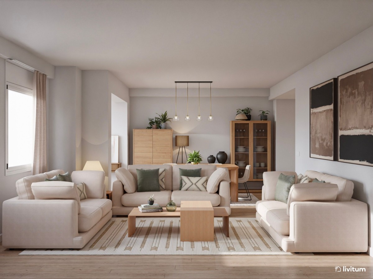 sal&oacute;n comedor en tonos neutros, sof&aacute;s y mesa de centro