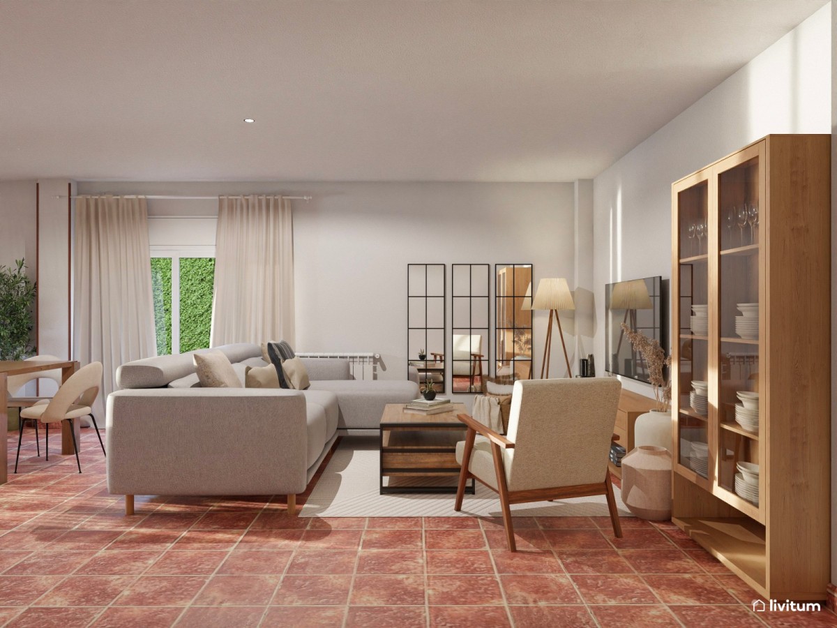 sal&oacute;n comedor con suelo antiguo, sof&aacute; en L, sill&oacute;n y mesa de centro