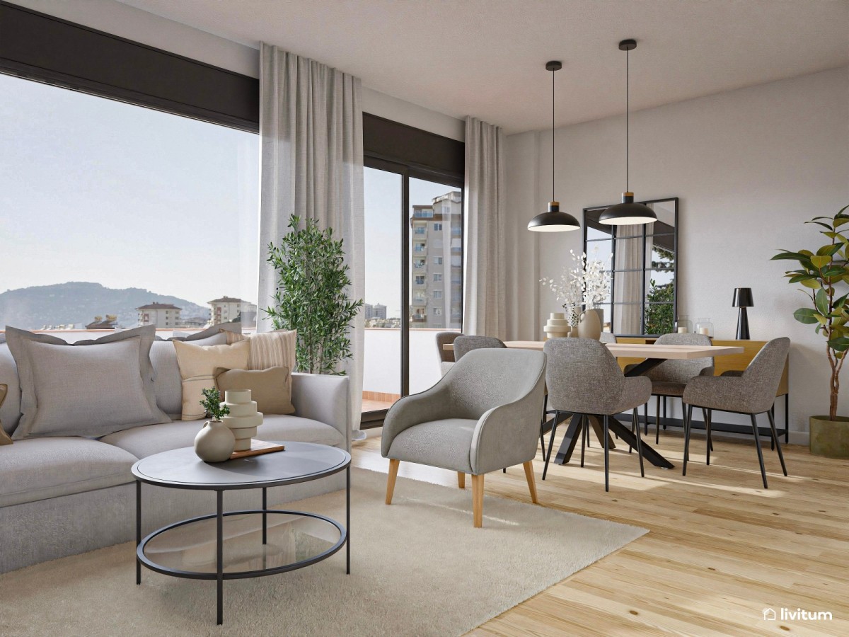 salón comedor en tonos oscuros, sofá, sillón y mesita de centro