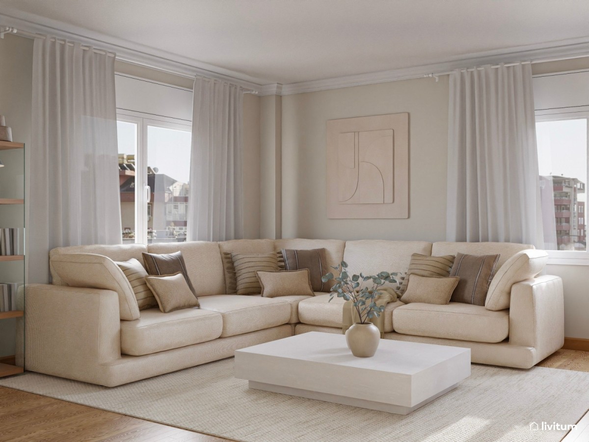 sal&oacute;n con sof&aacute; en L, mesa de centro blanca y alfombra cuadrada