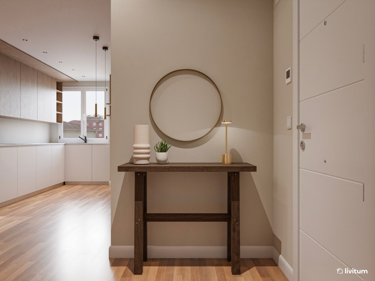 recibidor en tonos claros, mueble y espejo redondo