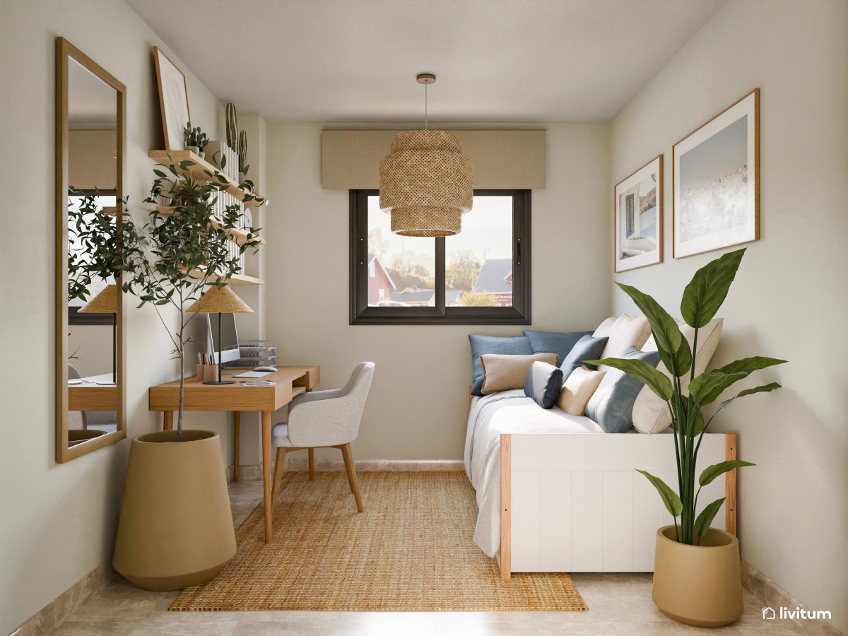 Habitaci&oacute;n peque&ntilde;a con cama individual y escritorio acogedor y en tonos neutros 