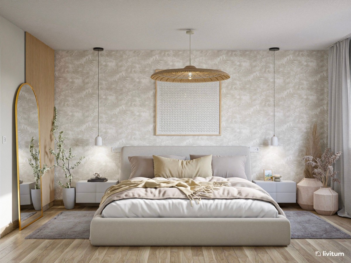 dormitorio con papel pintado, cama de matrimonio y mesas de noche flotantes