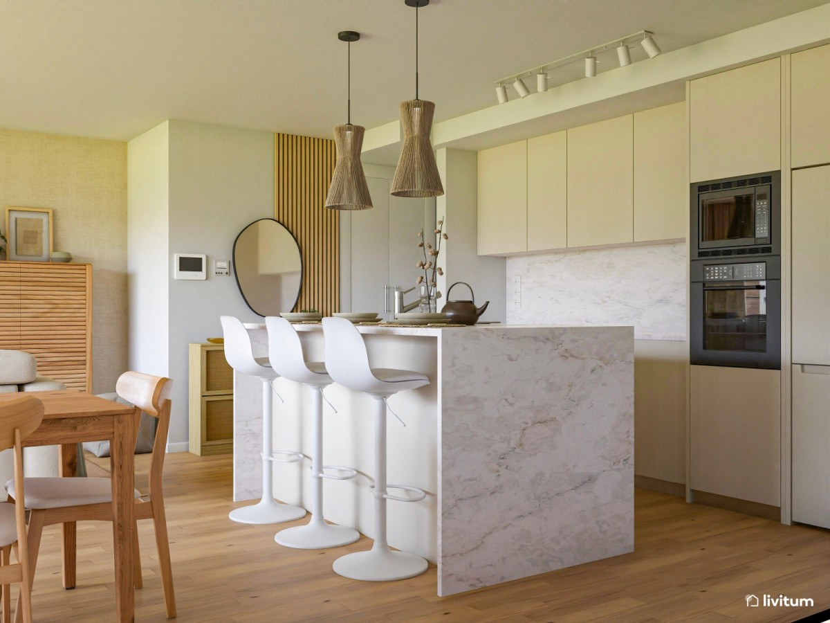 sal&oacute;n con cocina abierta en tonos claros y listones de madera