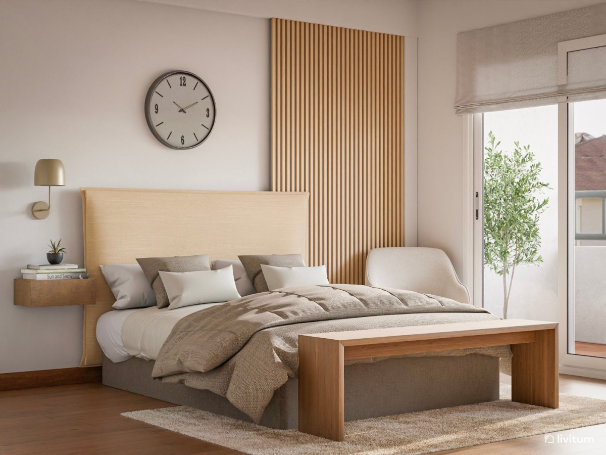 dormitorio con listones de madera, cama de matrimonio y banco a los pies de la cama