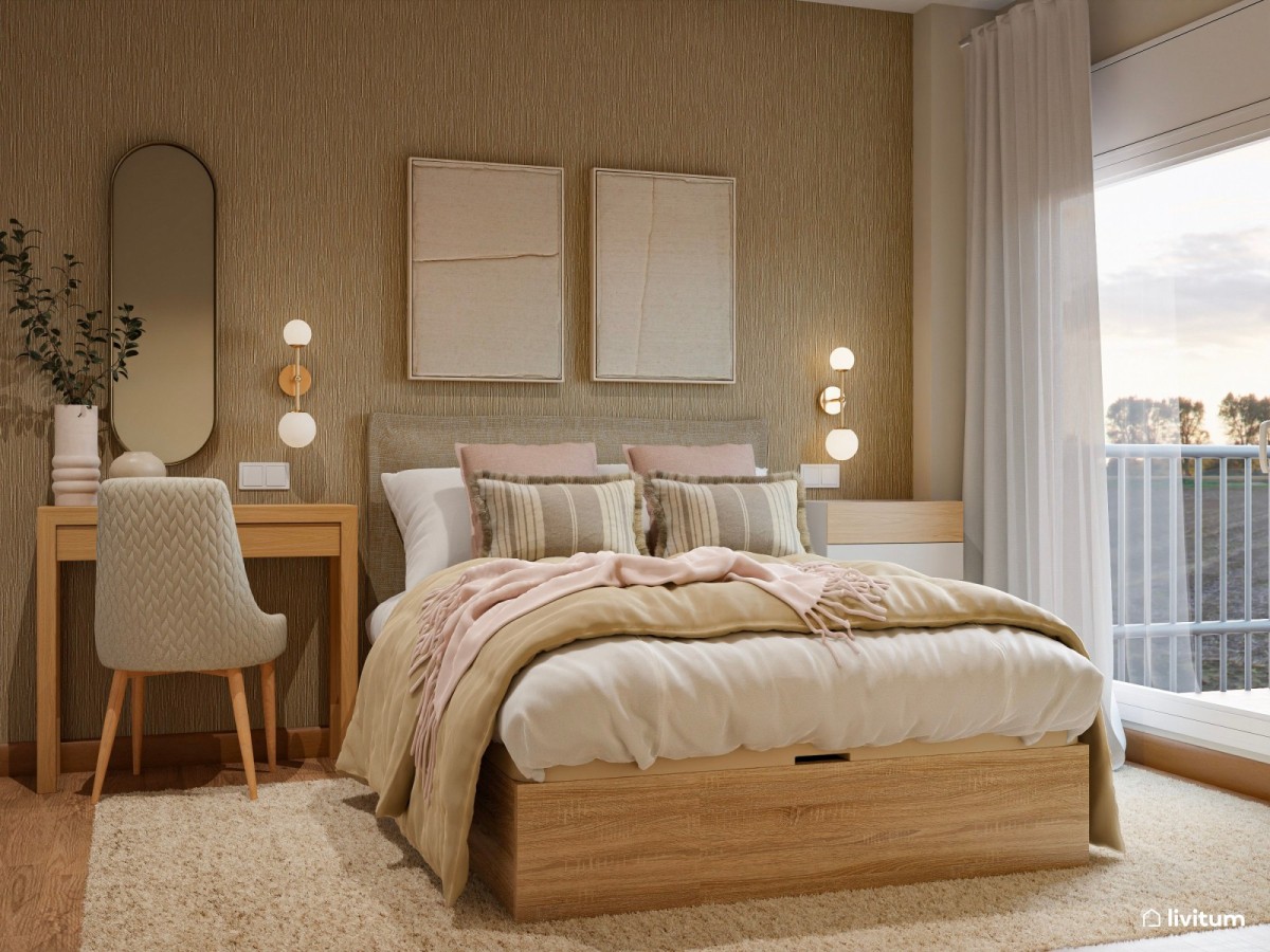 dormitorio con papel pintado, cama de matrimonio y escritorio/tocador