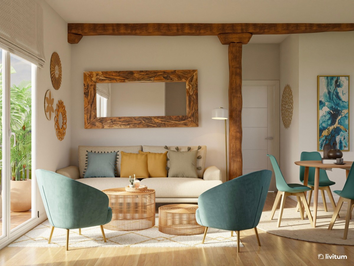 sal&oacute;n en tonos madera oscura, azul y mostaza