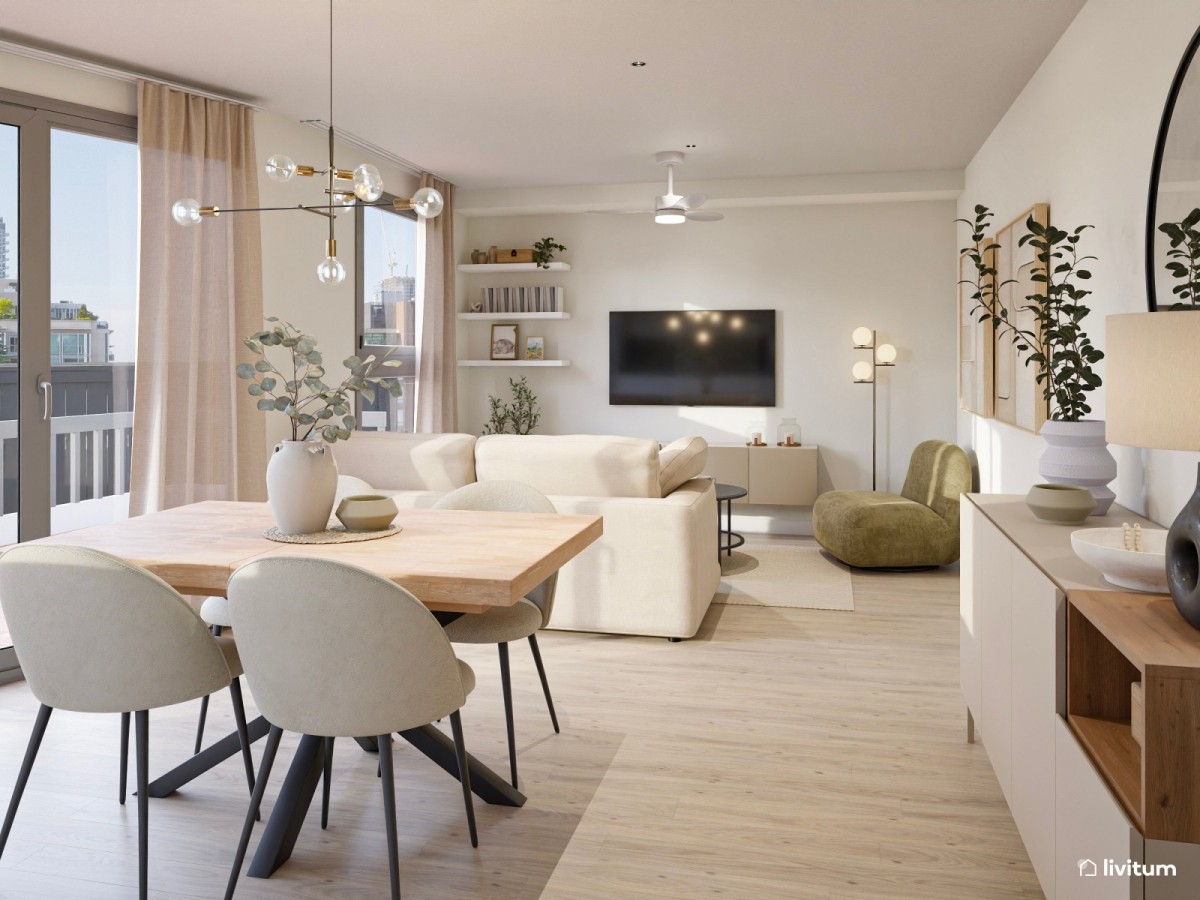 sal&oacute;n comedor en tonos claros, mesa de comedor de madera y sill&oacute;n verde oliva
