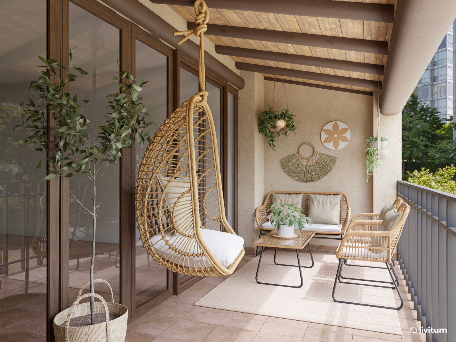 Bonita terraza con barbacoa de obra, repleta de fibras naturales