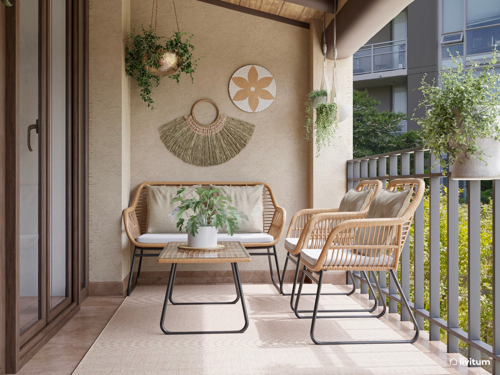 Bonita terraza con barbacoa de obra, repleta de fibras naturales