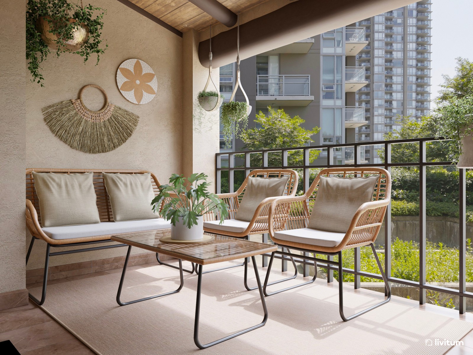 Bonita terraza con barbacoa de obra, repleta de fibras naturales