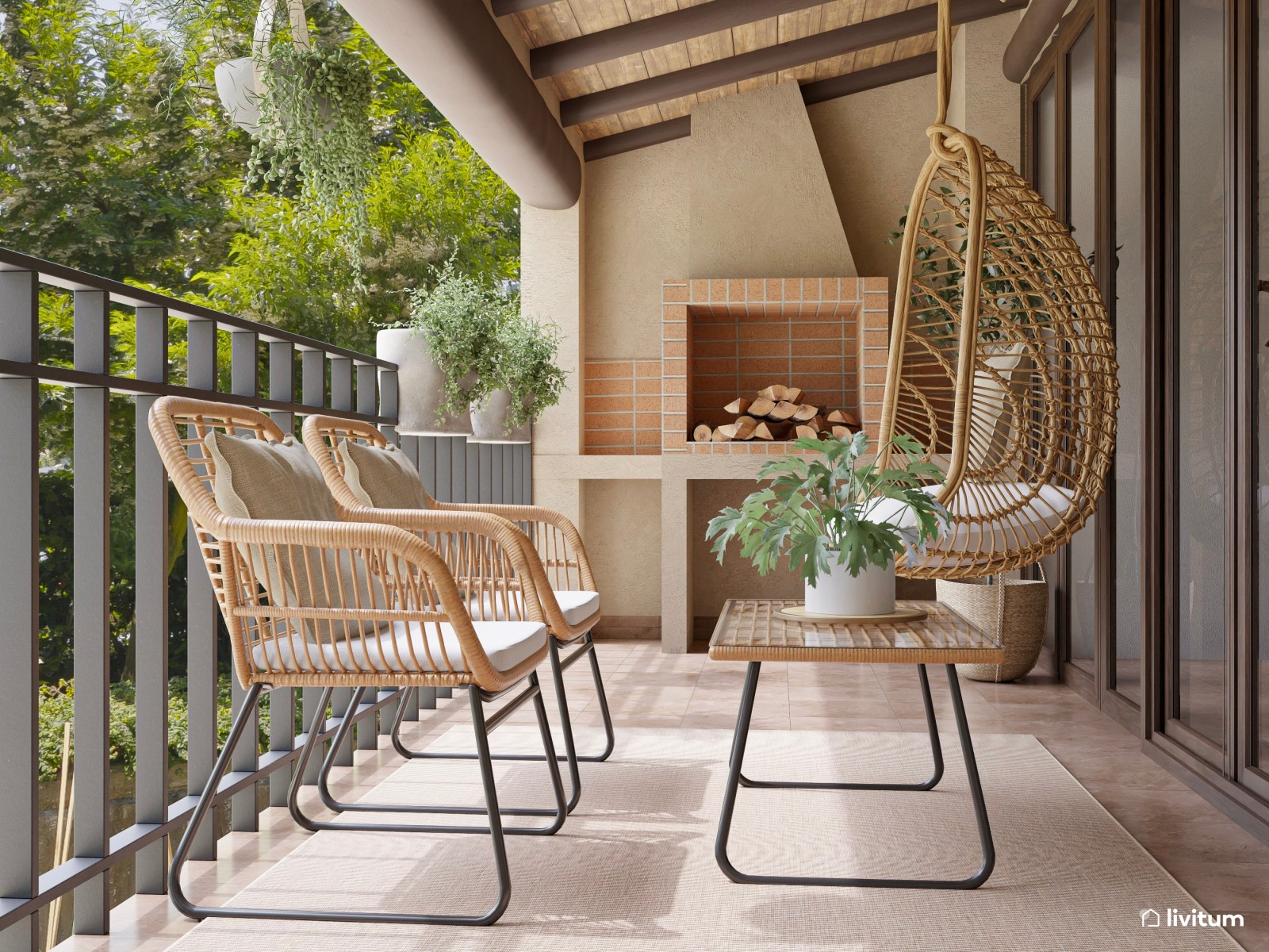 Bonita terraza con barbacoa de obra, repleta de fibras naturales