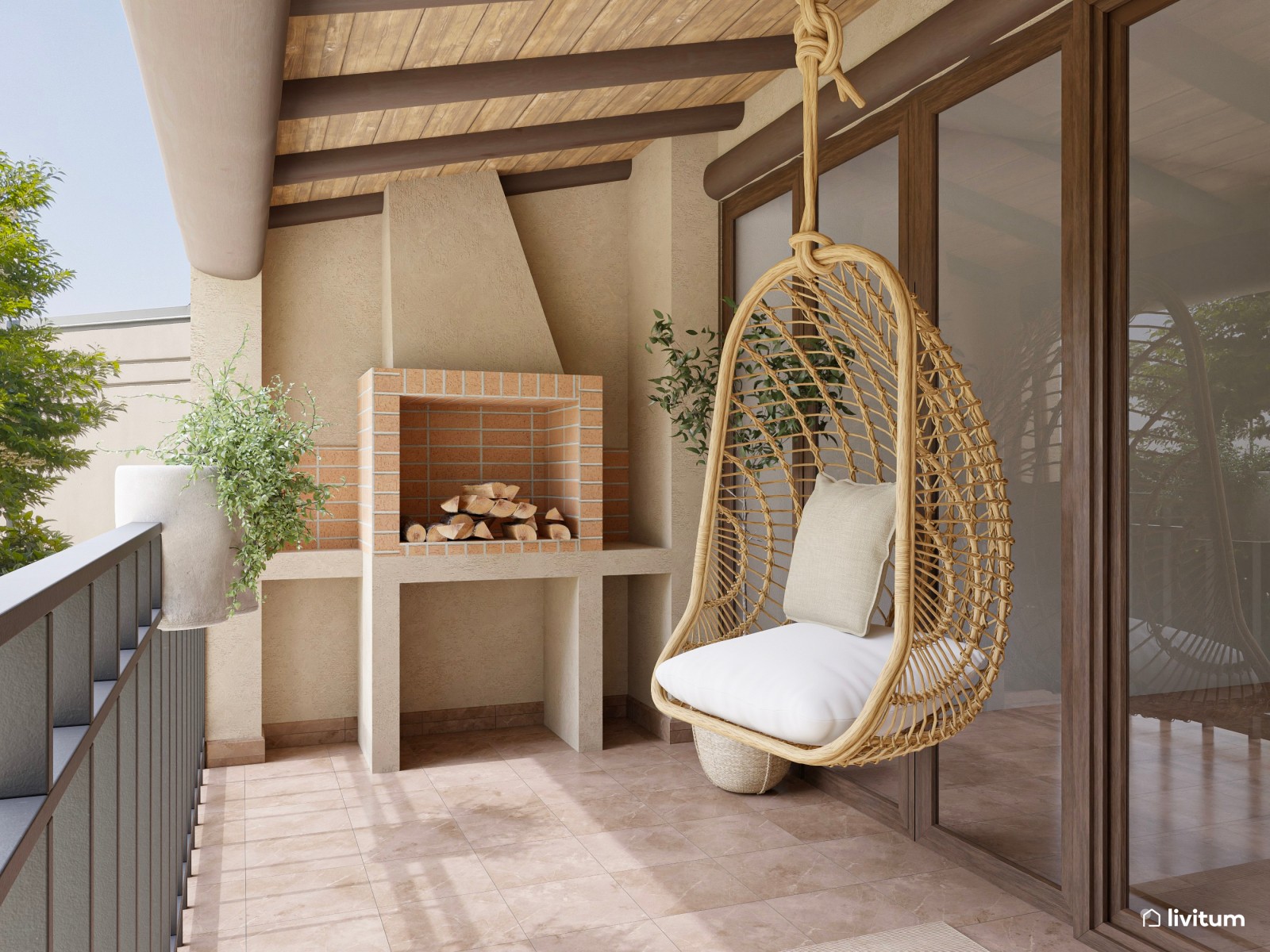 Bonita terraza con barbacoa de obra, repleta de fibras naturales