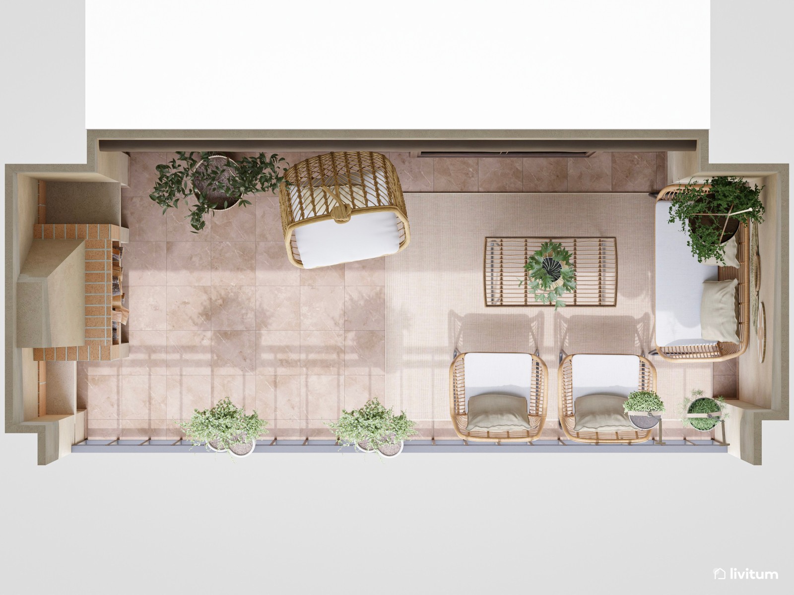 Bonita terraza con barbacoa de obra, repleta de fibras naturales