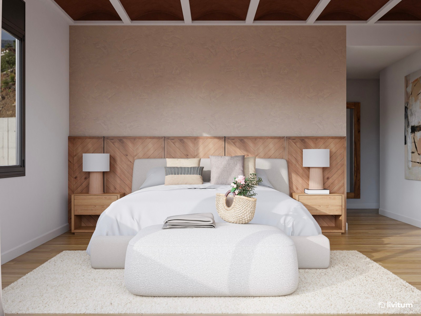 Bonito y acogedor dormitorio con cabecero de madera espiga