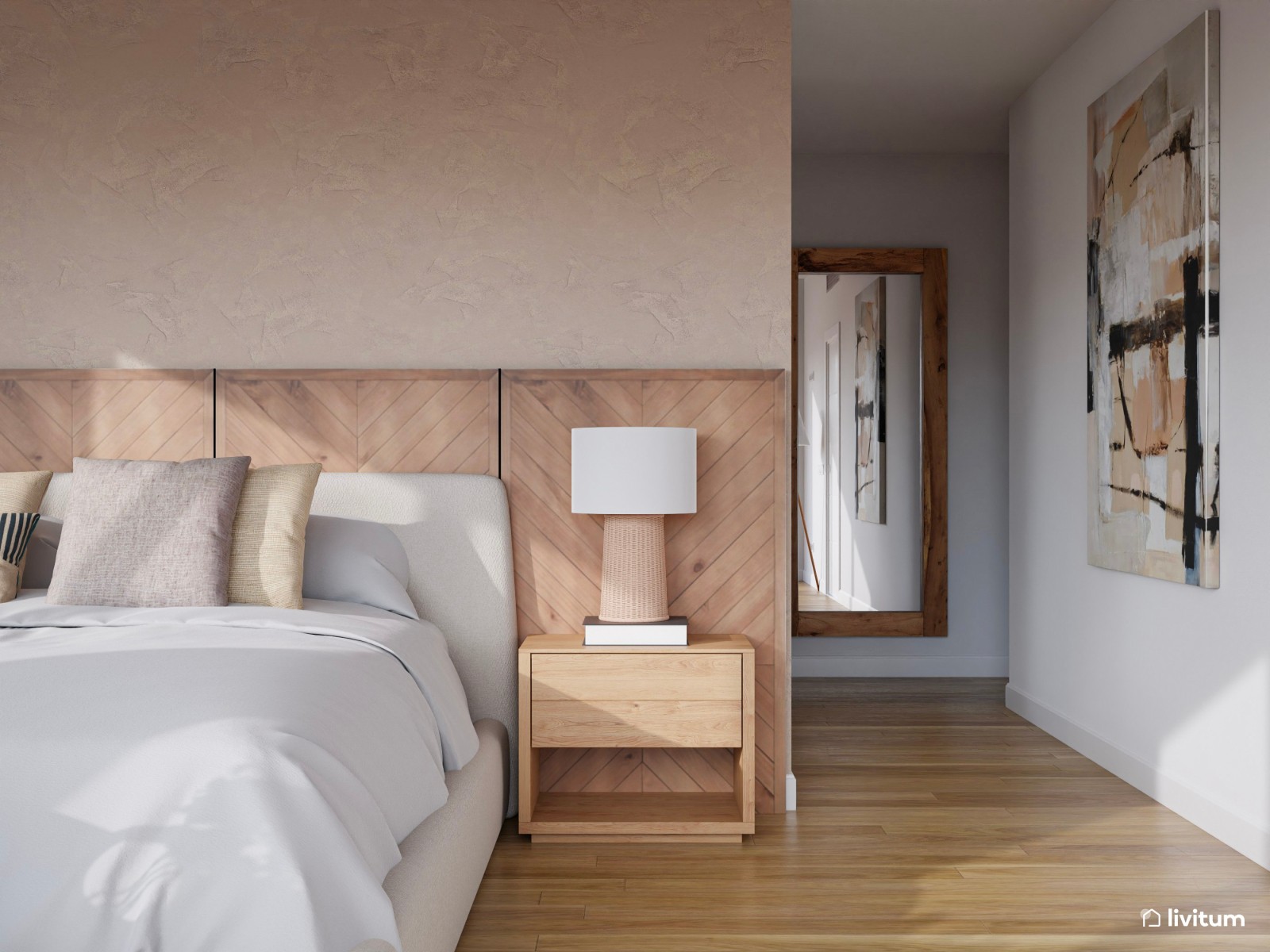 Bonito y acogedor dormitorio con cabecero de madera espiga