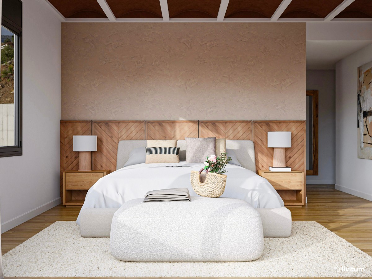 Bonito y acogedor dormitorio con cabecero de madera espiga