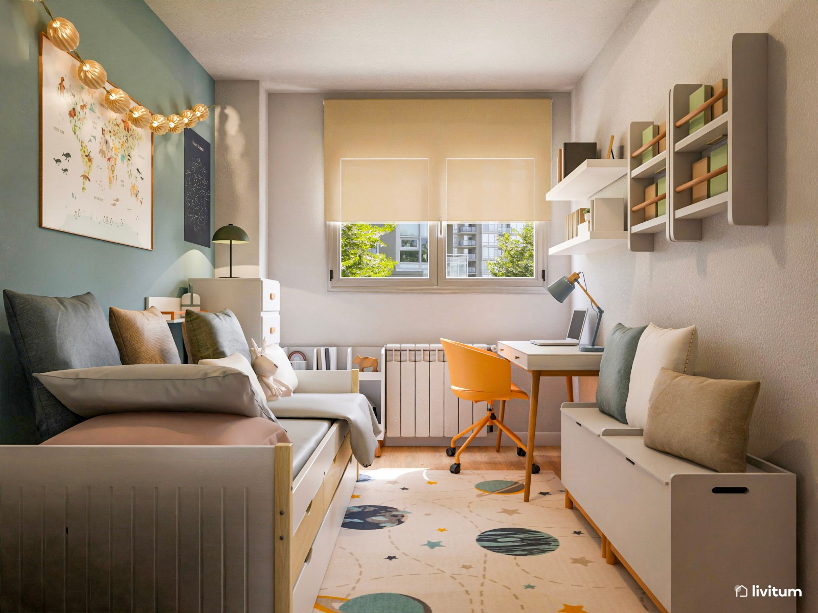 Cálida habitación infantil en tonos turquesa y mostaza 