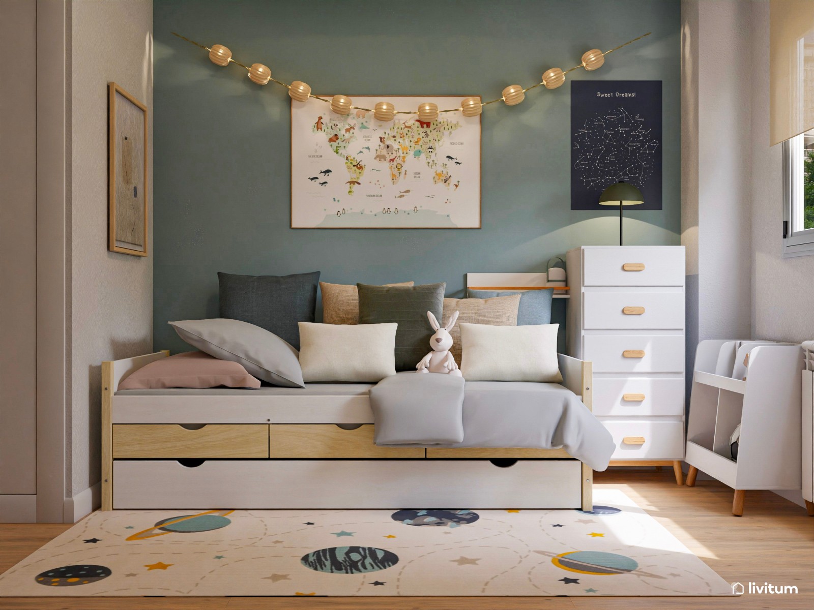 Cálida habitación infantil en tonos turquesa y mostaza 