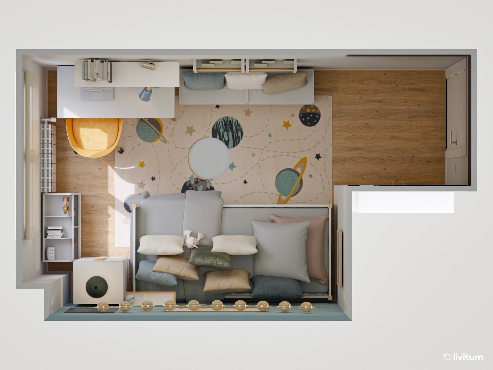 Cálida habitación infantil en tonos turquesa y mostaza 