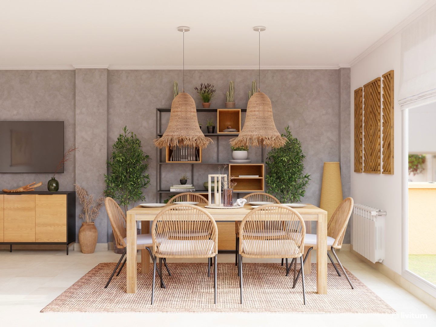 Cálido comedor y salón de estilo rústico - Livitum.com