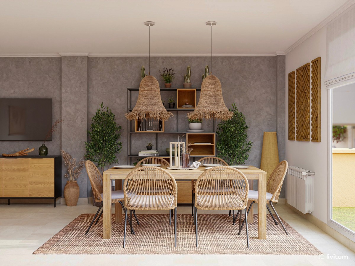 Cálido comedor y salón de estilo rústico