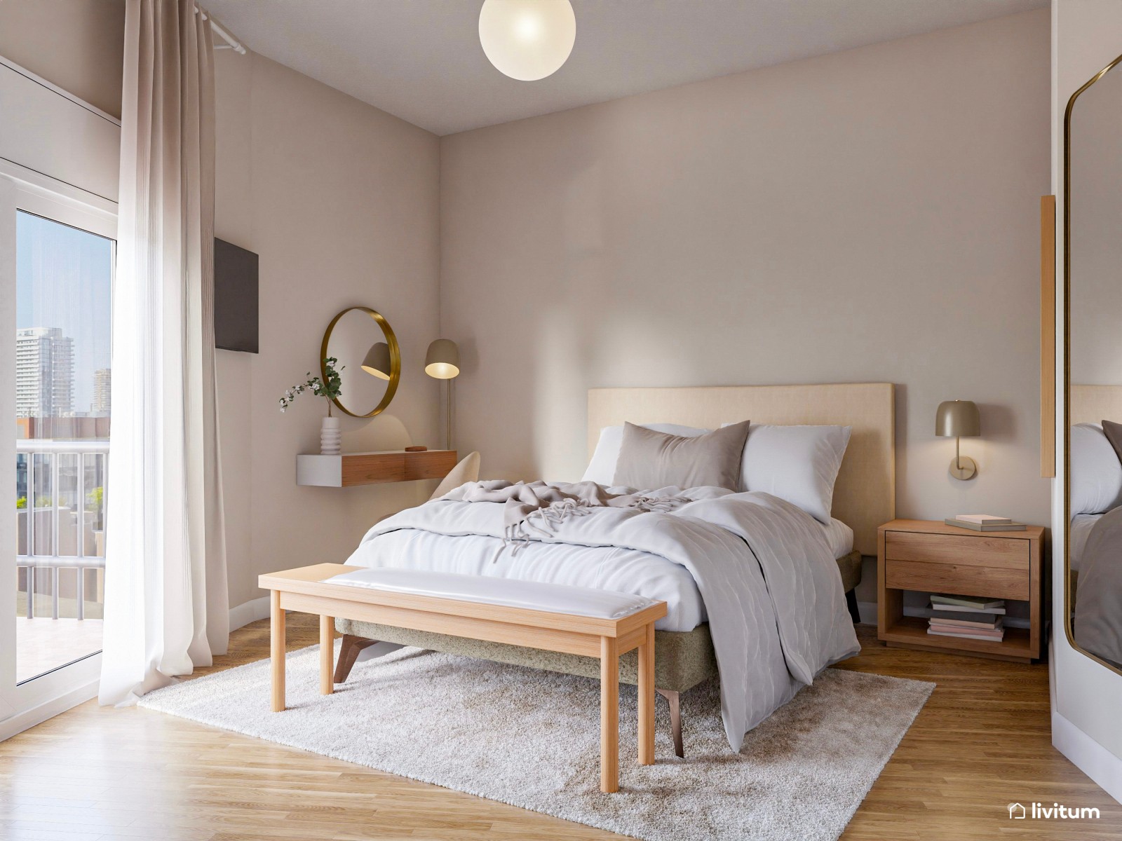 Cálido dormitorio con zona de escritorio y tocador