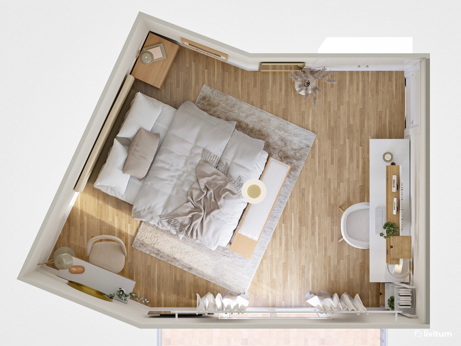 Cálido dormitorio con zona de escritorio y tocador