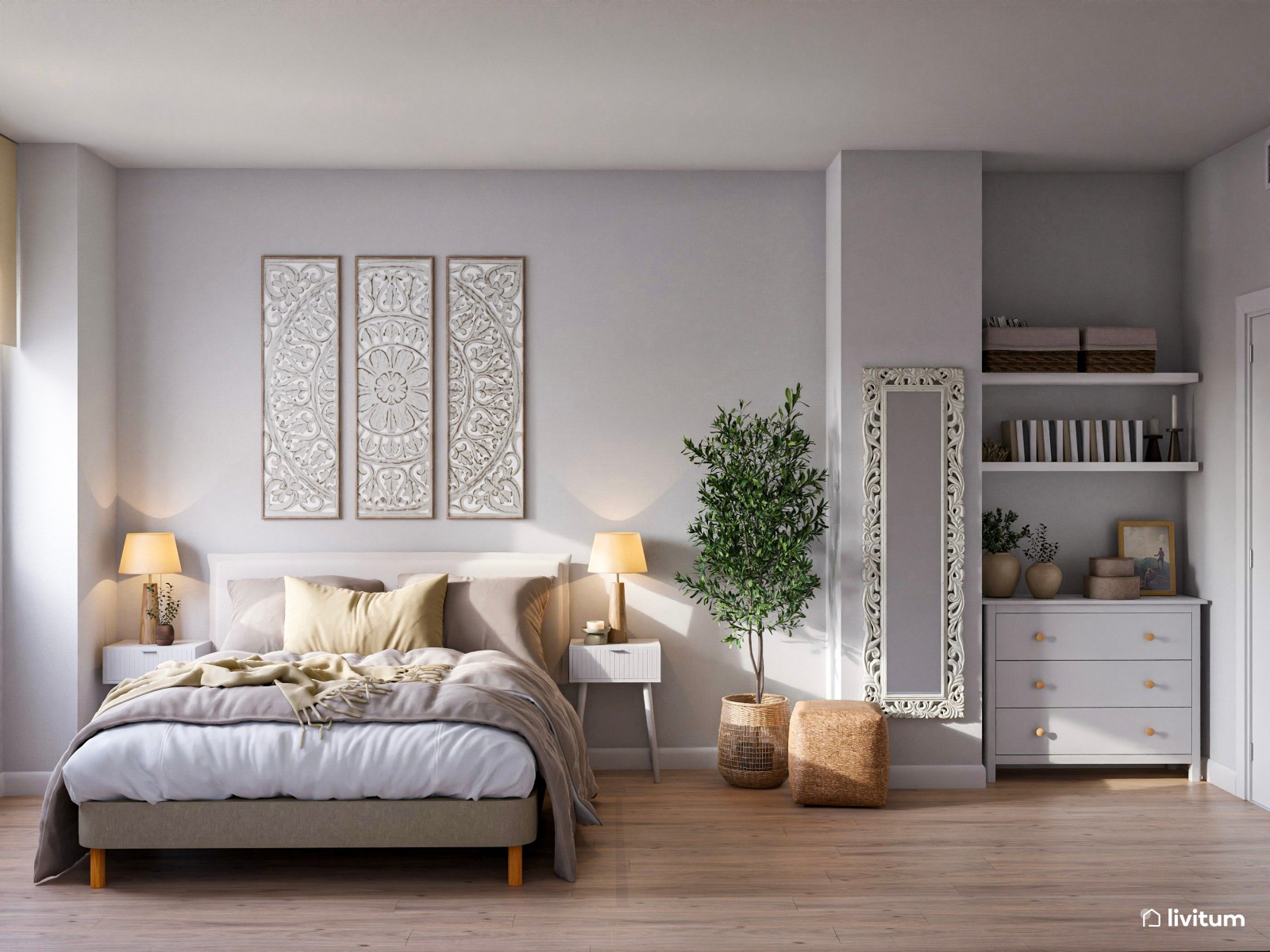  Cálido dormitorio doble de estilo boho con detalles artísticos