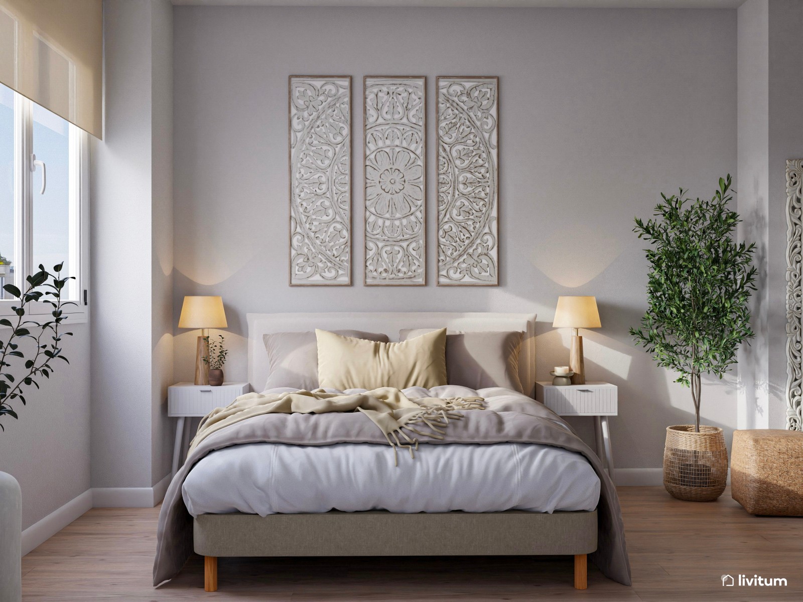  Cálido dormitorio doble de estilo boho con detalles artísticos