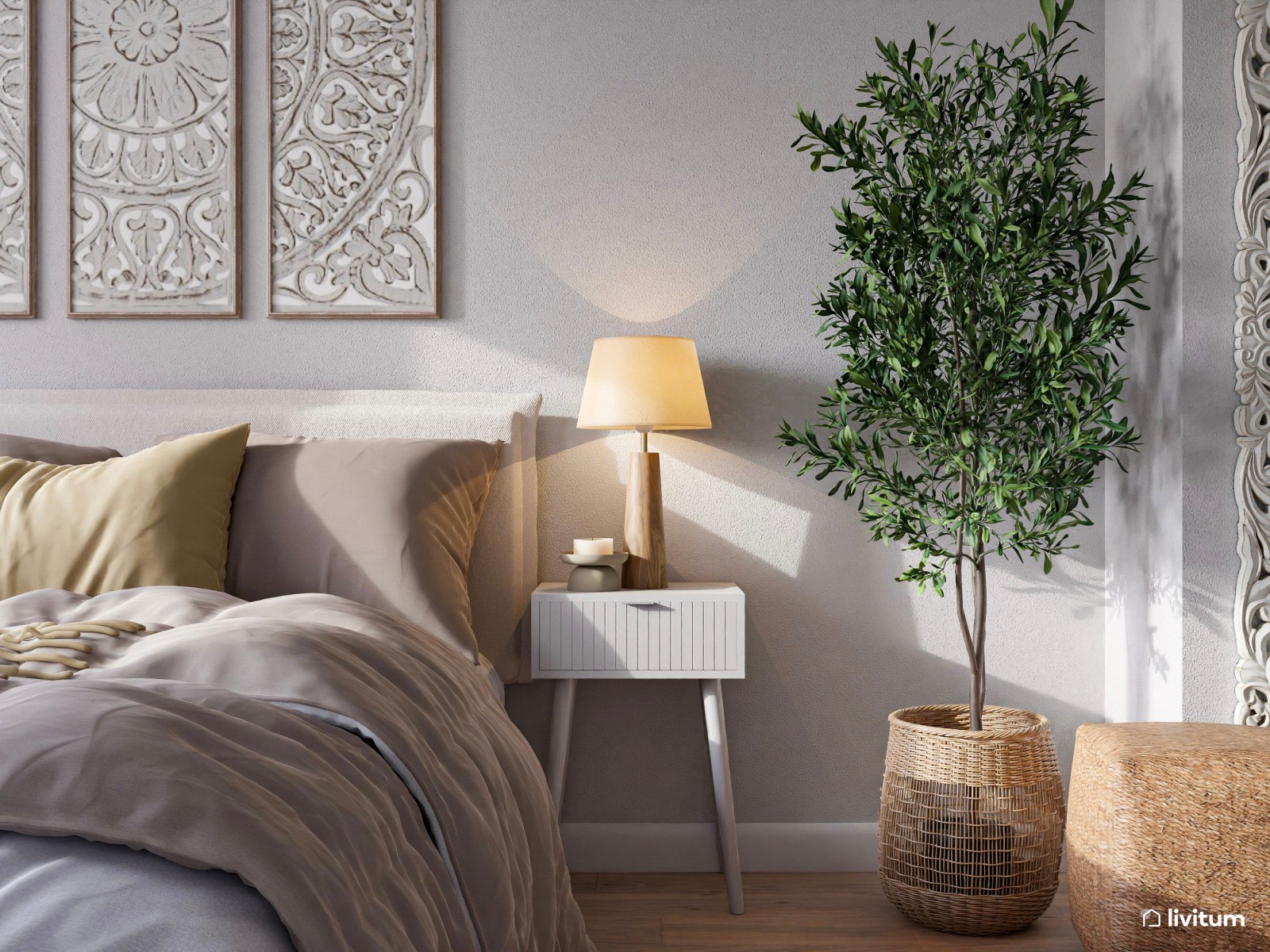  Cálido dormitorio doble de estilo boho con detalles artísticos