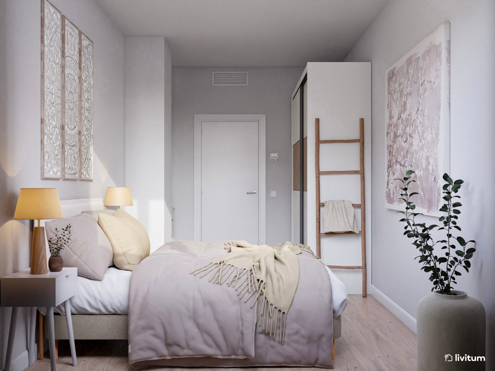  Cálido dormitorio doble de estilo boho con detalles artísticos