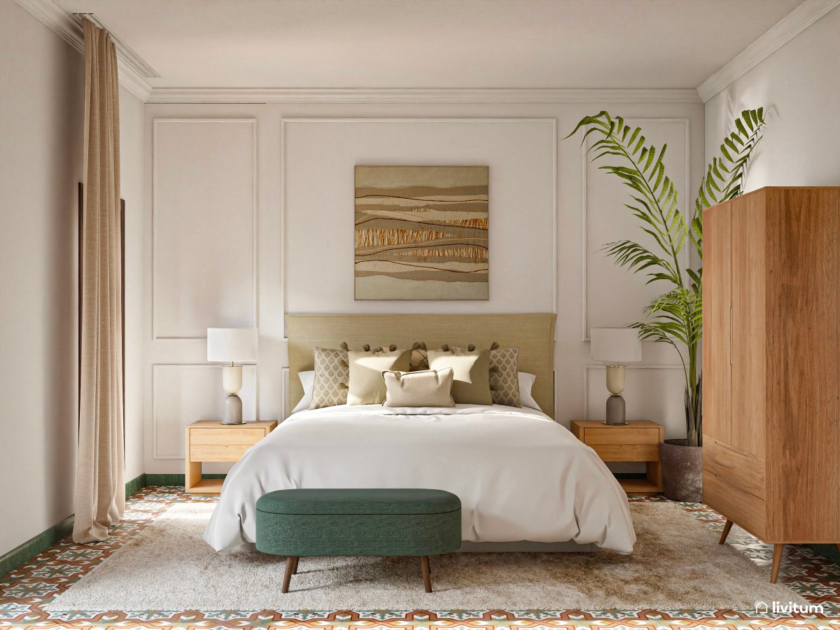 Cálido dormitorio doble de estilo boho con pequeño recibidor