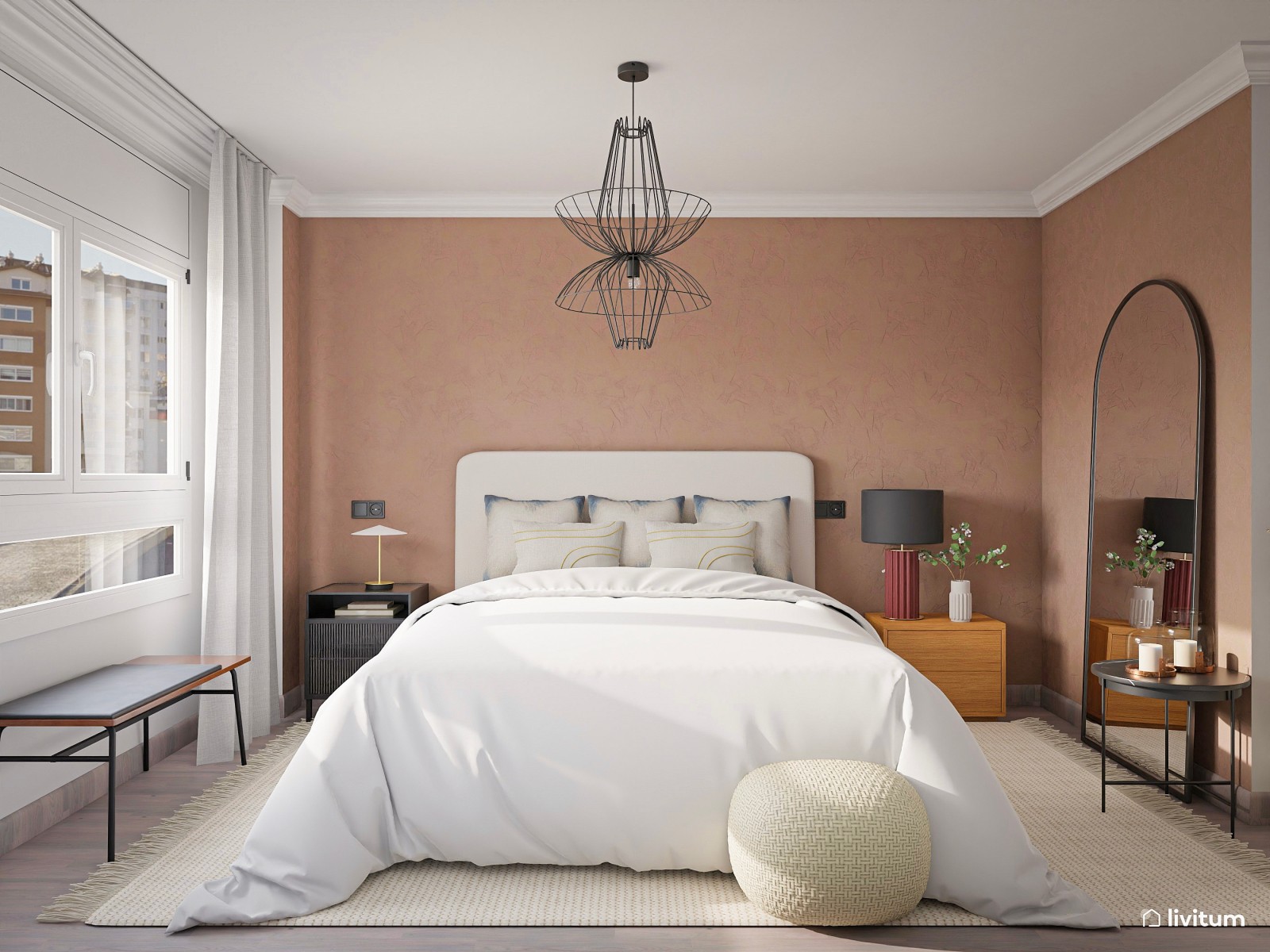 Cálido dormitorio moderno con pared de color terracota