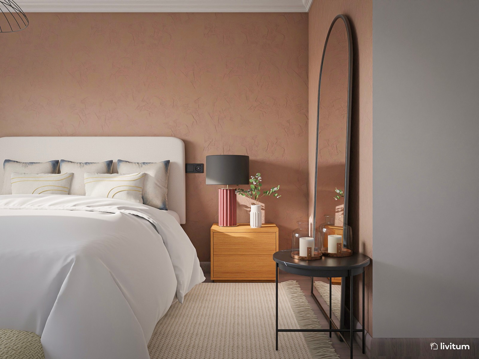 Cálido dormitorio moderno con pared de color terracota