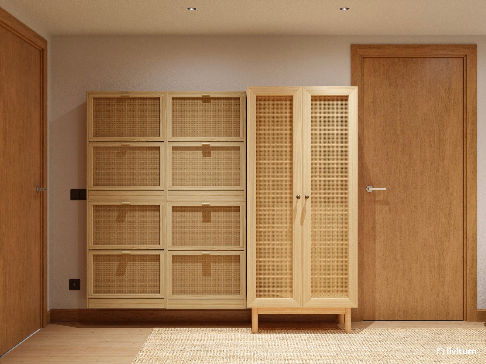 Cálido recibidor diseñado en madera y decorado con texturas naturales